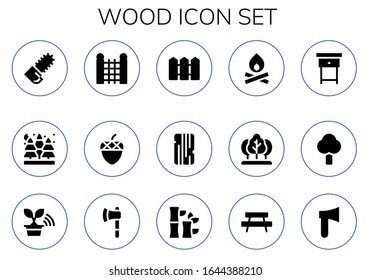 wood icon set. 15 filled wood icons. Included Chainsaw, Spruce, Fence, Acorn, Wood, Bonfire, Tree, Nightstand, Ax, Bamboo, Bench, Axe icons