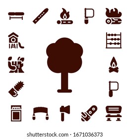 wood icon set. 17 filled wood icons.  Simple modern icons such as: Bench, Park, Log, Tree, Chainsaw, Abacus, Campfire, Saw, Match, Flute, Bonfire, Axe
