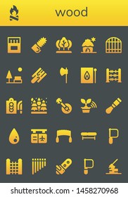 wood icon set. 26 filled wood icons.  Simple modern icons about  - Matches, Bonfire, Chainsaw, Tree, Cabin, Gate, Park, Cutting board, Axe, Match, Abacus, Spruce, Banjo, Chisel