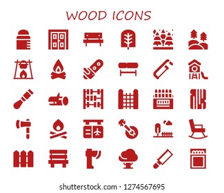  wood icon set. 30 filled wood icons. Simple modern icons about  - Feeder, Double door, Picnic, Tree, Spruce, Forest, Bonfire, Campfire, Chainsaw, Bench, Saw, Park, Chisel, Wood