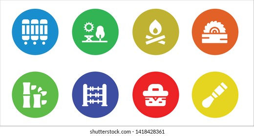wood icon set. 8 filled wood icons.  Simple modern icons about  - Room divider, Bamboo, Park, Abacus, Bonfire, Picnic, Saw, Chisel