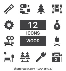 wood icon set. Collection of 12 filled wood icons included Matches, Match, Forest, Park, Bonfire, Bench, Lute, Driller, Chest, Saw, Pine
