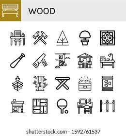 wood icon set. Collection of Bench, Desk, Axes, Tree, Tile, Baseball bat, Hand saw, Zip line, Hut, Packaging, Stool, Treasure, Barrel, Parquet, Ping pong, Fence icons