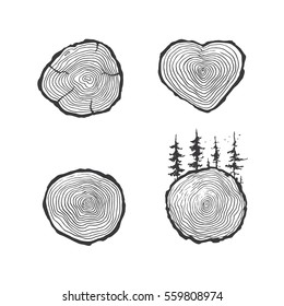 Wood icon set, hand drawing sawmill logo, isolated vector illustration, black and white