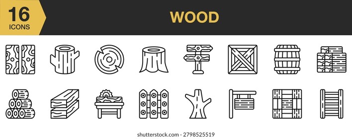 Wood icon set. Includes timber logs, lumber planks, woodworking tools, forest materials and More. Outline icons vector collection.