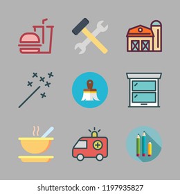 wood icon set. vector set about paint brush, tools, soup and barn icons set.