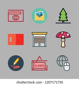 wood icon set. vector set about garage, picture, kitchen board and mouse icons set.