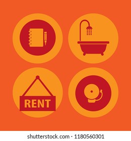 wood icon. wood vector icons set school bell, bathroom shower, notebook pencil and house rent