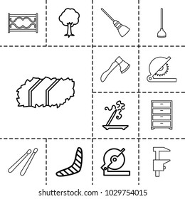 Wood icons. set of 13 editable outline wood icons such as boomerang, aroma stick, circular saw, tree, garden bench, mop, wardrobe, chainsaw, hoe, axe, fence