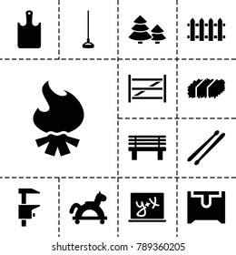 Wood icons. set of 13 editable filled wood icons such as toy horse, hoe, bench, drum stick, chopping board, fence, garden bench, pine tree, chest, chainsaw, blackboard x+y