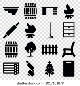 Wood icons. set of 16 editable filled wood icons such as barrel, wooden wall, cutting board, nail gun, pine-tree, outdoor chair, fence, dough pin, wardrobe, office desk