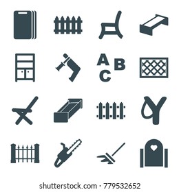 Wood icons. set of 16 editable filled wood icons such as garden bench, fence, wardrobe, nail gun, abc, sligshot, gate, chain saw, outdoor chair, cutting board