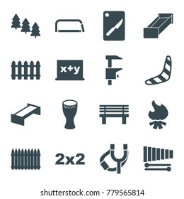 Wood icons. set of 16 editable filled wood icons such as garden bench, pine tree, boomerang, blackboard, blackboard x+y, bench, xylophone, drum, fence