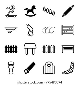 Wood icons. set of 16 editable filled and outline wood icons such as fence, dough pin, pine tree, boomerang, table, aroma stick, nail gun, gate, drum, office desk