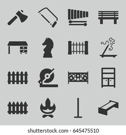 Wood icons set. set of 16 wood filled icons such as garden bench, fence, aroma stick, mop, wardrobe, office desk, axe, circular saw, hacksaw, bench, xylophone, chess horse
