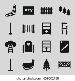 Wood icons set. set of 16 wood filled icons such as pine tree, fence, boomerang, mop, wardrobe, chainsaw, hoe, pine-tree, cupboard, chopping board and knife, golf stick