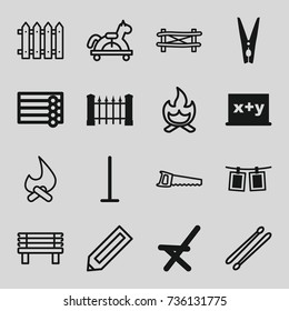 Wood icons set. set of 16 wood filled and outline icons such as fence, wooden wall, mop, outdoor chair, cloth pin, photos on rope, pencil, saw, bench, drum stick, bonfire