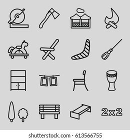 Wood icons set. set of 16 wood outline icons such as garden bench, boomerang, mop, circular saw, axe, bench, outdoor chair, cupboard, drum, photos on rope, tree, chair