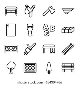 Wood icons set. set of 16 wood outline icons such as garden bench, office desk, axe, chain saw, tree, pine-tree, fence, bench, drum stick, drum, chopping board and knife, abc