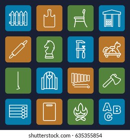 Wood icons set. set of 16 wood outline icons such as wooden wall, cutting board, axe, chainsaw, hoe, fence, gazebo, xylophone, chair, dough pin, chopping board, chess horse