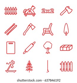 Wood icons set. set of 16 wood outline icons such as garden bench, fence, aroma stick, cutting board, axe, hoe, tree, pine-tree, outdoor chair, drum stick, dough pin