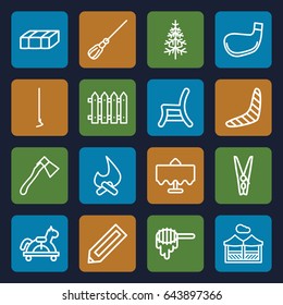 Wood icons set. set of 16 wood outline icons such as restaurant table, garden bench, honey, pencil, boomerang, mop, hoe, axe, pine-tree, fence, outdoor chair, cloth pin
