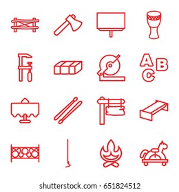 Wood icons set. set of 16 wood outline icons such as restaurant table, fence, garden bench, board, axe, circular saw, chainsaw, hoe, direction board, drum stick, drum, abc