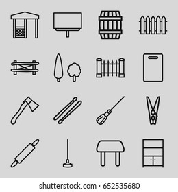 Wood icons set. set of 16 wood outline icons such as fence, barrel, table, cutting board, mop, board, hoe, axe, gazebo, drum stick, cupboard, cloth pin, tree