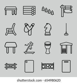 Wood icons set. set of 16 wood outline icons such as fence, pine tree, wooden wall, table, aroma stick, cutting board, office desk, hoe, outdoor chair, gazebo, direction board