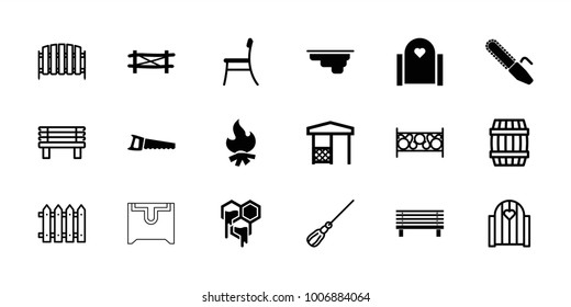 Wood icons. set of 18 editable filled and outline wood icons: fence, gate, saw, gazebo, chair, barrel, mop, bench, honey, bonfire, chest