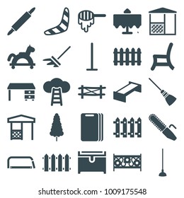 Wood icons. set of 25 editable filled wood icons such as fence, garden bench, honey, restaurant table, boomerang, mop, chest, office desk, toy horse, hoe, outdoor chair