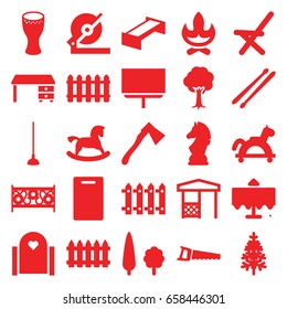 Wood icons set. set of 25 wood filled icons such as garden bench, restaurant table, fence, horse toy, cutting board, office desk, board, circular saw, hoe, axe, saw, tree