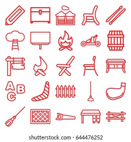 Wood icons set. set of 25 wood outline icons such as fence, barrel, pencil, boomerang, mop, chest, office desk, board, hoe, saw, outdoor chair, direction board, drum stick