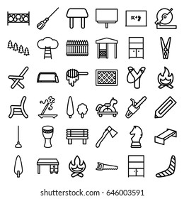 Wood icons set. set of 36 wood outline icons such as garden bench, honey, pine tree, pencil, boomerang, table, aroma stick, mop, wardrobe, office desk, board, circular saw