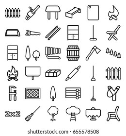 Wood icons set. set of 36 wood outline icons such as restaurant table, garden bench, barrel, pine tree, fence, wooden wall, table, mop, wardrobe, board, hacksaw, chainsaw, hoe