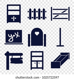 Wood icons. set of 9 editable filled wood icons such as mop, wardrobe, gate, direction board, cupboard, fence, garden bench