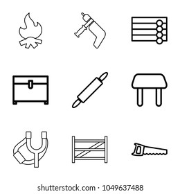 Wood icons. set of 9 editable outline wood icons such as wooden wall, table, chest, saw, dough pin, fence, nail gun, sligshot