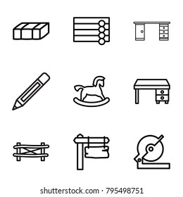 Wood icons. set of 9 editable outline wood icons such as fence, garden bench, wooden wall, horse toy, office desk, circular saw, direction board