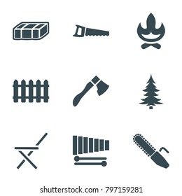 Wood icons. set of 9 editable filled wood icons such as garden bench, bonfire, saw, xylophone, fence, axe, chain saw, pine-tree
