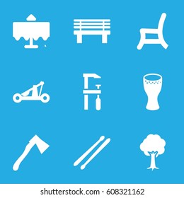 Wood icons set. set of 9 wood filled icons such as restaurant table, chainsaw, axe, tree, bench, outdoor chair, drum stick, drum