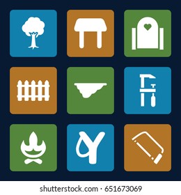 Wood icons set. set of 9 wood filled icons such as table, hacksaw, chainsaw, tree, fence, sligshot, bonfire