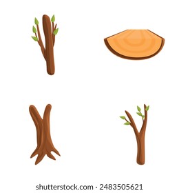 Wood icons set cartoon vector. Natural lumber, carpentry material. Timber industry