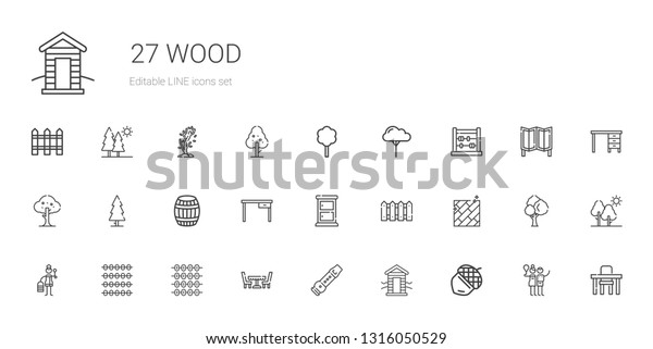 wood icons set. Collection of wood with acorn,\
cabin, flute, table, abacus, wooden, floor, fence, chest of\
drawers, barrel, tree, birch, room divider. Editable and scalable\
wood icons.
