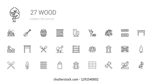wood icons set. Collection of wood with axe, chest of drawers, cabin, feeder, abacus, tree, oar, forest, paddles, table, saw, viburnum, wooden. Editable and scalable wood icons.