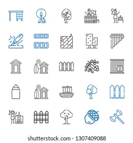 wood icons set. Collection of wood with axe, acorn, tree, fence, campfire, trireme, cabin, feeder, crate, viburnum, flute, floor, cupboard, birch. Editable and scalable wood icons.