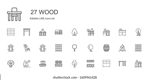 wood icons set. Collection of wood with chest of drawers, cupboard, tree, bench, trireme, trees, barrel, abacus, cabin, birch, brick grill, table. Editable and scalable wood icons.