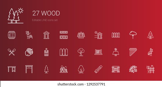 wood icons set. Collection of wood with fence, flute, tree, table, abacus, barrel, acorn, paddles, cabin, forest, brick grill, viburnum, wooden. Editable and scalable wood icons.