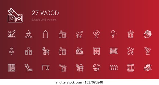 wood icons set. Collection of wood with fence, forest, brick grill, cabin, table, crate, nightstand, tree, rotisserie, cabins, pine, viburnum. Editable and scalable wood icons.