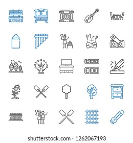 wood icons set. Collection of wood with flute, abacus, oar, birch, fence, nightstand, tree, paddles, cupboard, saw, bonfire, feeder, table, ukelele. Editable and scalable wood icons.