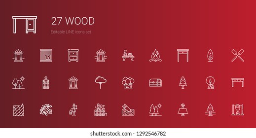 wood icons set. Collection of wood with table, trees, saw, barrel, wooden, viburnum, floor, pine, chest, forest, tree, cabin, bonfire, pine tree. Editable and scalable wood icons.